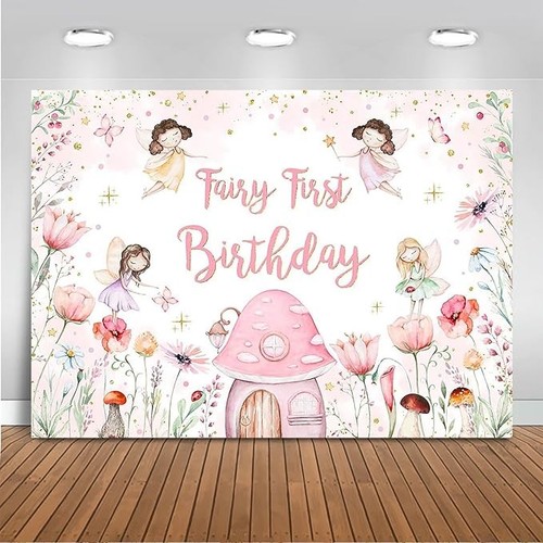 Fairy First Birthday Backdrop for Girl Pink Floral 1st Birthday Photography EUC