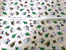 Christmas Fabric with Little Snowmen, Trees, Sleigh, BTY x 44. A25-1015