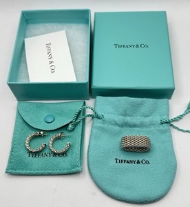 Tiffany & Co Sterling Silver Somerset Mesh Ring & Hoop Earrings Boxes And Pouch