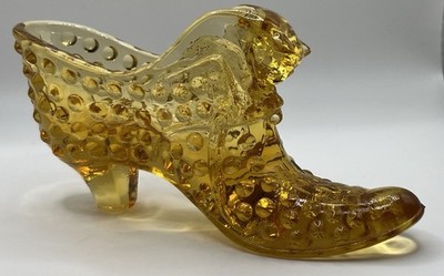 Fenton Amber MCM Hobnail Glass Cat Head Slipper Shoe 6'' Vase Trinket