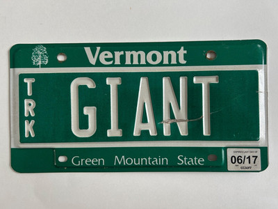 Vanity License Plate GIANT Big Huge Gigantic Massive Humongous Giants Vermont