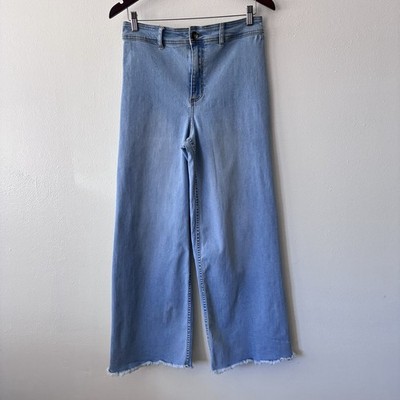 Billabong Wide Leg Cropped Jeans Women Sz 30 Light Wash Raw Hem High Waist Denim