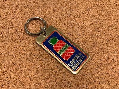 Vintage 1980 Crestline Hawaii Keychain Pineapple Lopeka Roberta Map Key Ring
