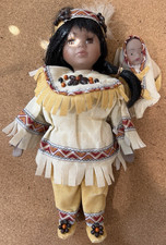 Vintage Native American Girl Porcelain Doll w/ Baby Papoose 9  Tall