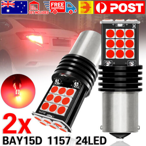 2X NEW BAY15D 1157 P21/5W RED 24 SAMSUNG LED BRAKE STOP TAIL LIGHT BULB GLOBE - Picture 1 of 10