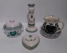 Home decor - "Green heart" candleholder, sugar bowl, jug and bowl and trinket 
