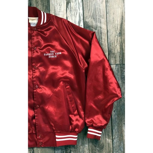 SAC Tanker Task Force Satin Bomber Jacket Auburn Sportswear Snap Red Size L - Picture 5 of 8