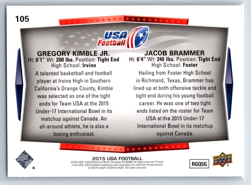2015 Upper Deck USA Football Jacob Brammer Gregory Kimble Jr. Rookie #105 - Image 2 of 2