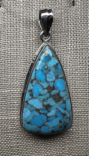 Native American Jewelry Sterling Silver Blue Copper Turquoise Pendant 11 Gram Wt