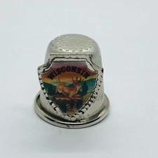Vtg Wisconsin Souvenir State Metal Thimble w/ Colorful Deer Sunset Scene