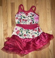 Curtain Call Dance Costume Child XL Red Flowers Rhinestones asymetrical hem