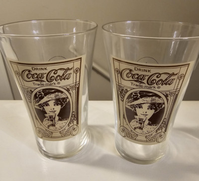Set of (2) Vtg Libby Coca Cola Glass 16 Oz Victorian Lady Flair Glass