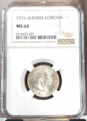 1915 AUSTRIA SILVER 1 CORONA FRANZ JOSEPH I NGC MS 64 NICE BU LUSTER