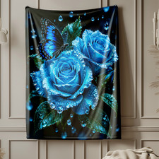 Blue Rose Butterfly Coral Fleece Blanket Dewy Floral Nature Decor