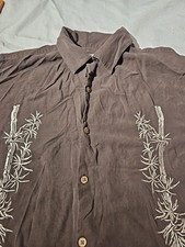 Vintage Silk Hawaiian Camp Shirt Mens M Brown Loop Collar Bamboo Button