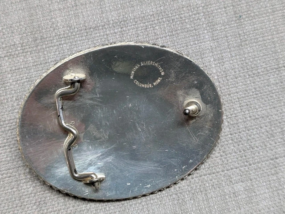 vintage MONTANA SILVERSMITHS engraved RODEO cowboy WESTERN horse bronco - Image 3 of 4