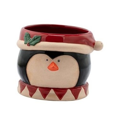 Napco 4.25 inch Charming Ceramic Penguin Face Planter with Santa Hat Festive 
