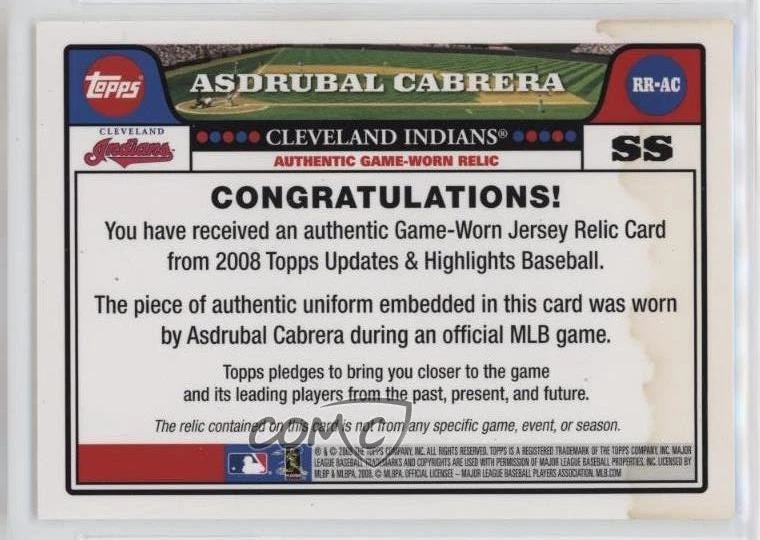 2008 Topps Update Retail Relics Asdrubal Cabrera #RR-AC Rookie RC - Image 2 of 2