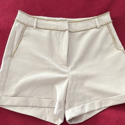 STEPS New York Women s Chino Shorts Flat Front Cuffed Rhinestone Trim Beige M