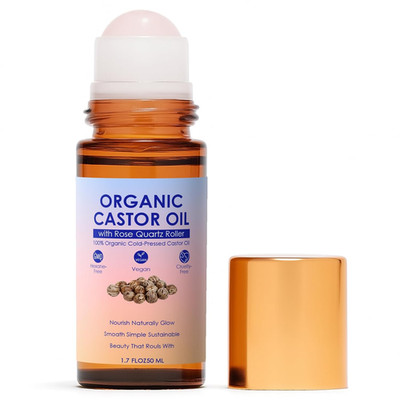 Organic Castor Oil Rose Quartz Roller Ball - Golden Castor Oil Roll-On with Rose