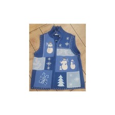 Blair Vintage Blue  White Embroidered Snowman Zip-Up Sweater Vest - Size Medium