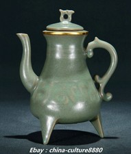 Teiera vino 6,6" Song Dynasty Ru forno porcellana dorata Fengshui 3 gambe Flagon