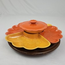 Vintage California Pottery USA Chip and Dip/Snack Set Lazy Susan 7 PC