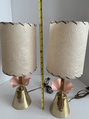 Vintage MCM Leviton Pair Table Lamps Tulip Base 16.5” W/Original Shades Working - Picture 4 of 16