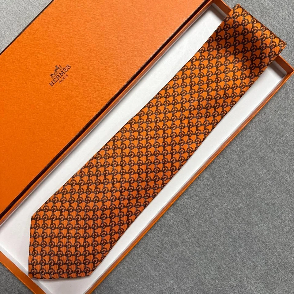 HERMES Neck Tie New Unused Orange Gray Rope Check 100%Silk Made in France - Image 3 of 4