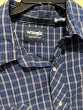 Wrangler Men's Western Shirt Blue Plaid, Pearl Snap, Short Sleeve Size XXL