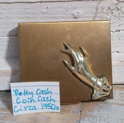 Vintage 1950's Petty Cash Case Brass Metal W/Elegant Hand Embellishment Silver