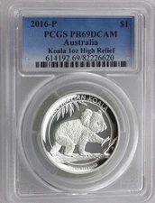2016-P Australia Koala Silver 1 oz .999 PCGS PR69 DCAM High Relief