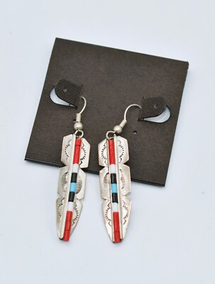 Andrew Johnson Navajo Multicolor Inlay Sterling Silver Feather Earrings 2-5/16''
