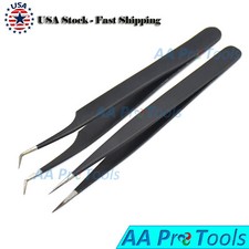 2 Pcs Eyelash Extension Tweezers Straight Curved Stainless Steel Black-Color