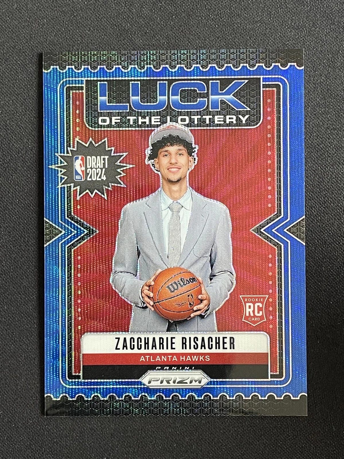 Zaccharie Risacher 2024-25 Panini Prizm Luck of the Lottery Blue Wave 102/175 RC