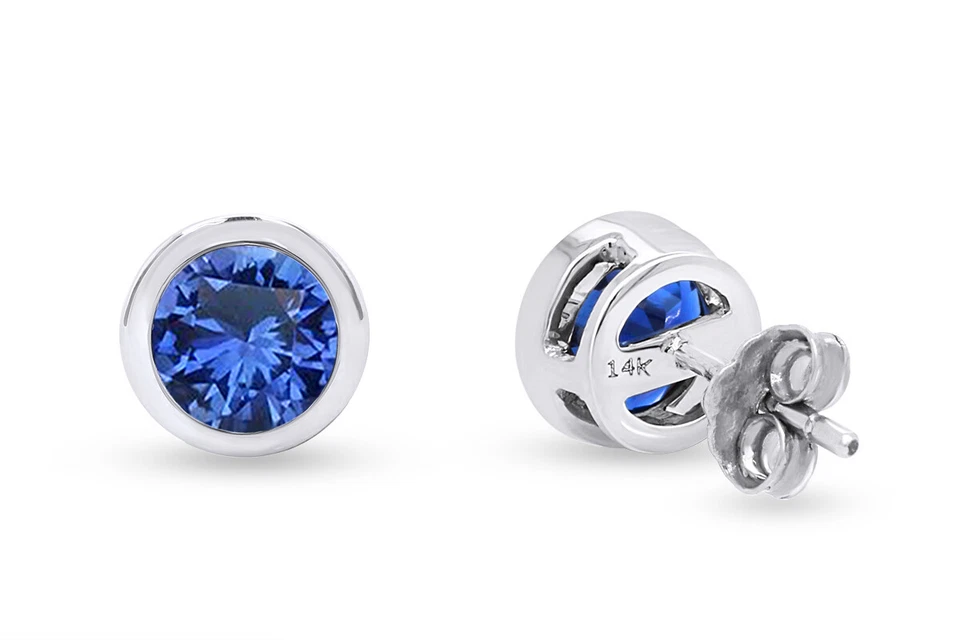 Solitaire Stud Earrings Bezel-Set Simulated Blue Sapphire in 14K Solid Gold - Image 3 of 4