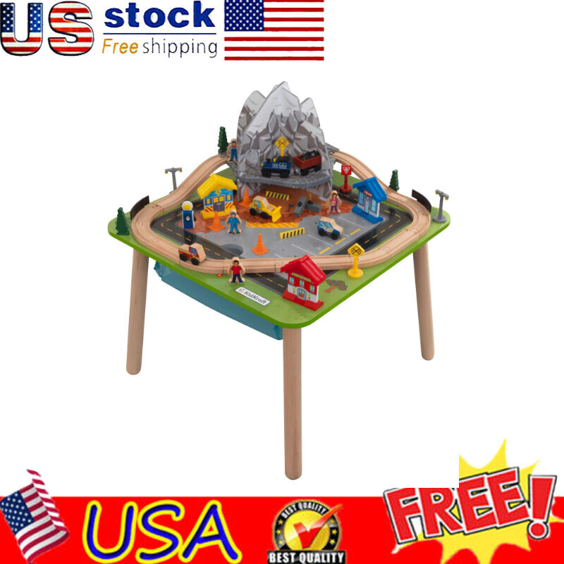 Wooden Mountain Train Set Table with Storage Bag & 50 Accessories for Kids Playroom