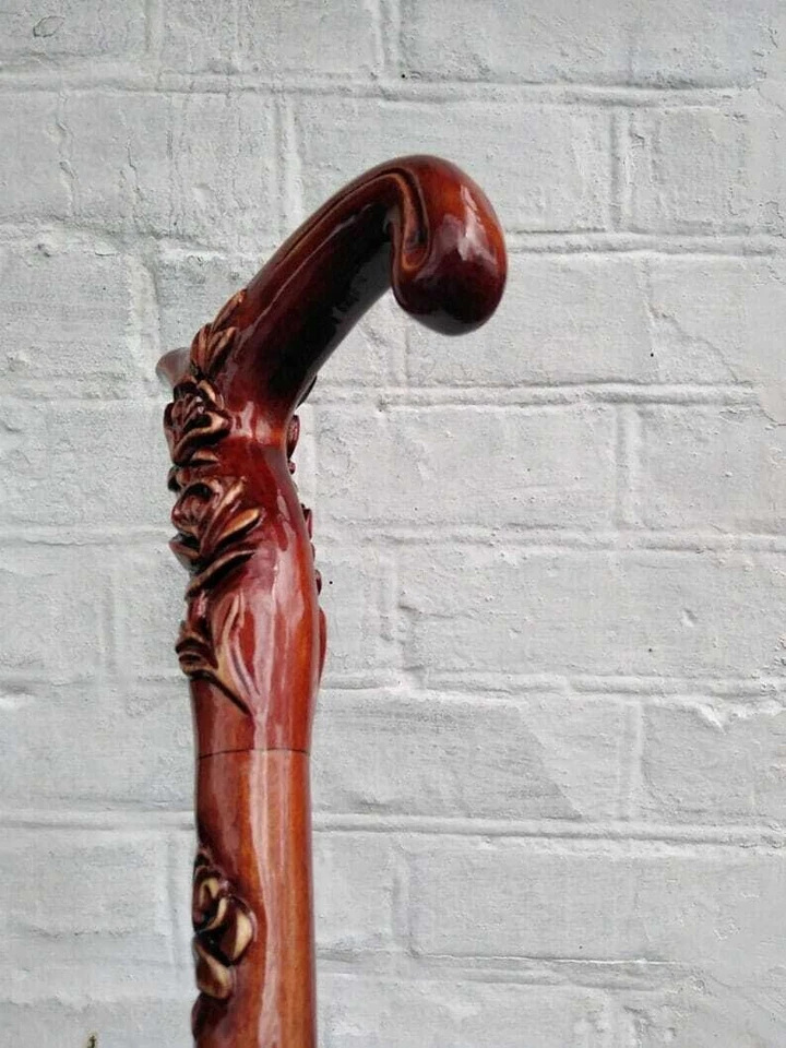 Roses Engraved Full Wood Cane Woman Design Hand Carved Walking Stick With Cane - Image 2 of 4
