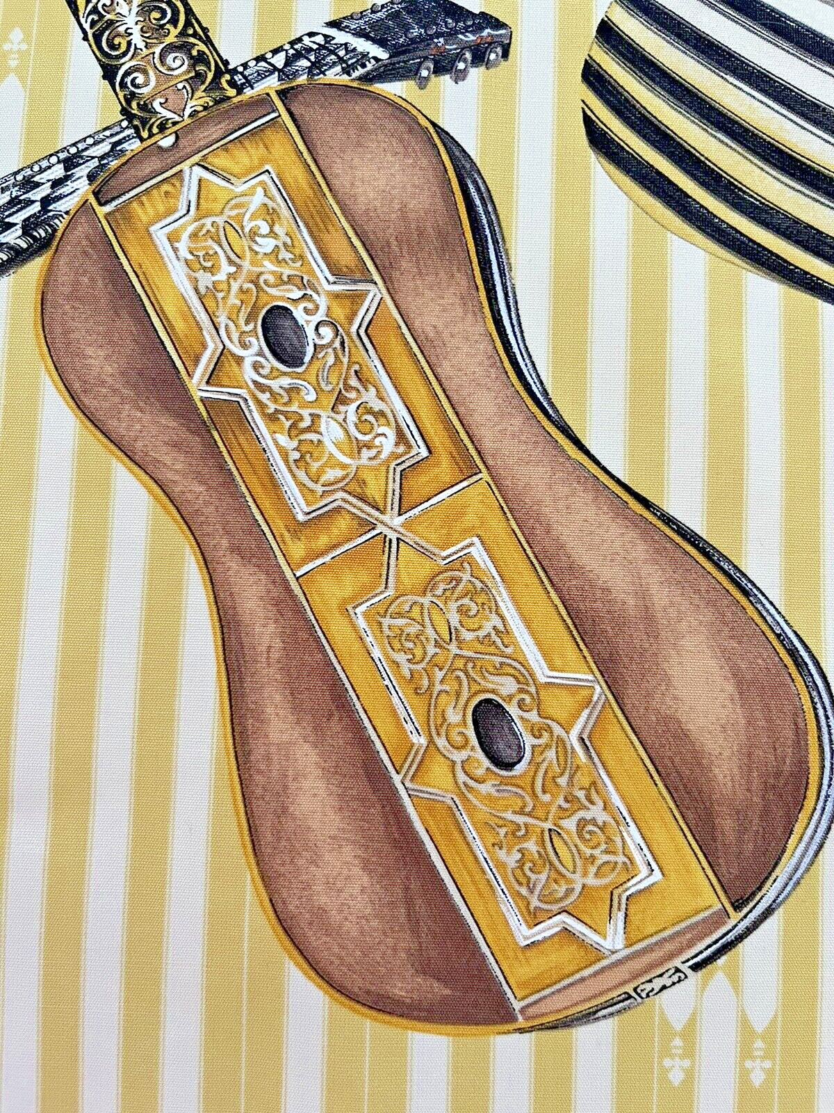 BERGAMO FABRICS -GUITAR design-yellow/blk/brn/coral/grey-Italian cotton-27"x18"L