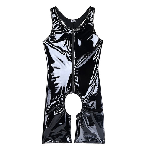Men Wet Look PVC Leather Bodysuit One-Piece Crotchless Singlet Leotard AU - Picture 6 of 14