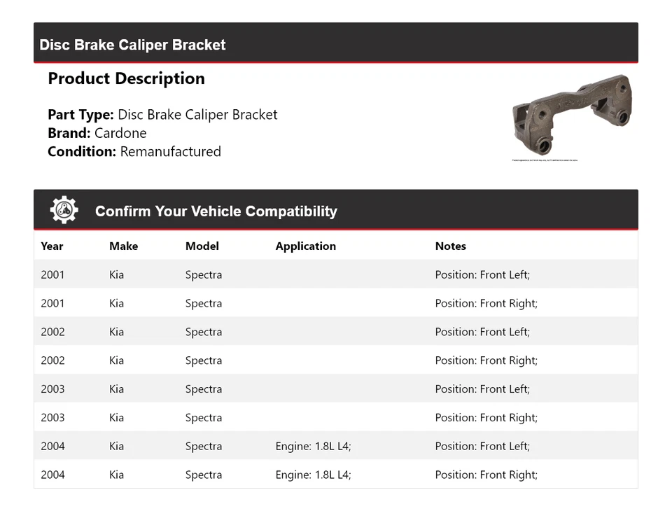 适用于 2001 - 2004 起亚 Spectra 盘式制动卡钳支架 Cardone 2002 2003 — 第 2/4 张图片