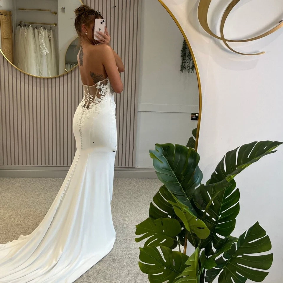Mermaid Wedding Dresses Satin With Train Sleeveless Sweetheart White Bridal Gown - Image 3 of 4