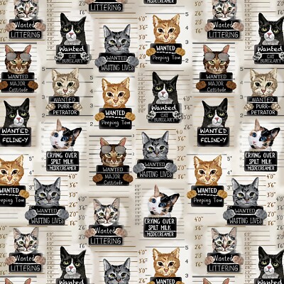 Feline Drive Fabric QUIRKY CATS Cat Mugshots Beige - Sold by the Half Yard