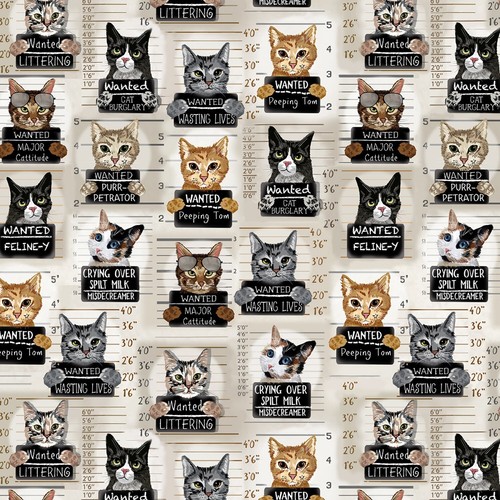 Feline Drive Fabric QUIRKY CATS Cat Mugshots Beige - Fat Quarter (18"x22") FQ - 第 1/8 張圖片