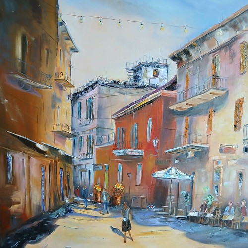 Straßencafe 60 X 80 cm in Öl auf Leinwandbild Bernhard Gerner Braun Blau Rot  - Bild 3 von 13