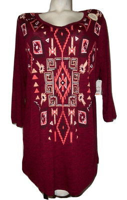 New FADED GLORY Top Size 2X 18W-20W Berry Red Lace Back Space Dye Screen Tunic