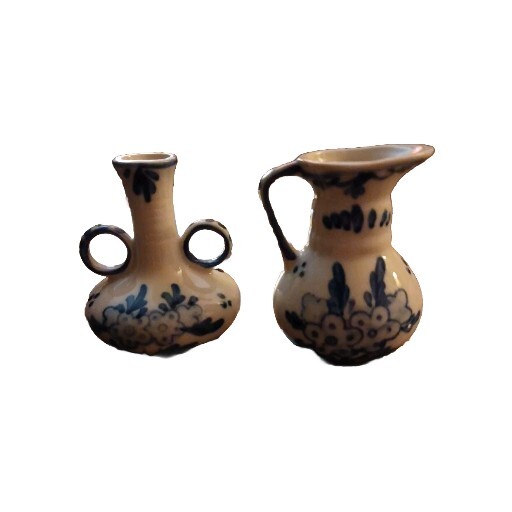 Hand-Painted Blue White Windmill Mini Pitcher and Bud Vase 3-Inch Tall