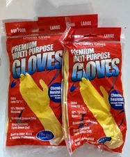 Clean Ones Premium Multipurpose Latex Gloves 3 PAIRS Non Slip Grip LARGE Yellow