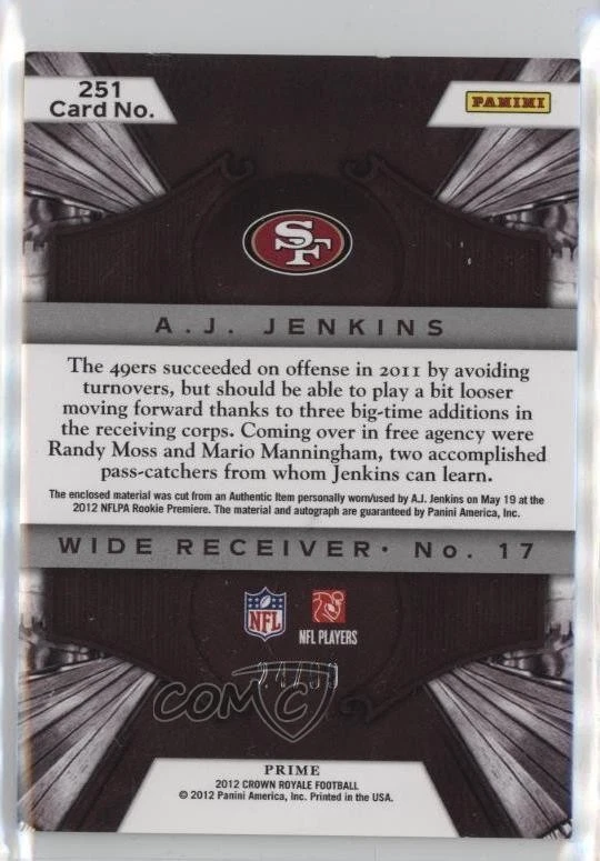 2012 Crown Royale Holo Gold /99 AJ Jenkins #251 Rookie Auto RC - Image 2 of 2