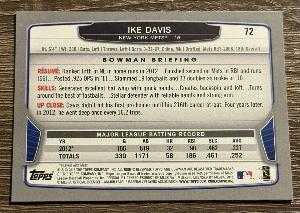 2013 Bowman IKE DAVIS Gold Parallel Rookie Card #72 New York Mets - Image 2 of 2